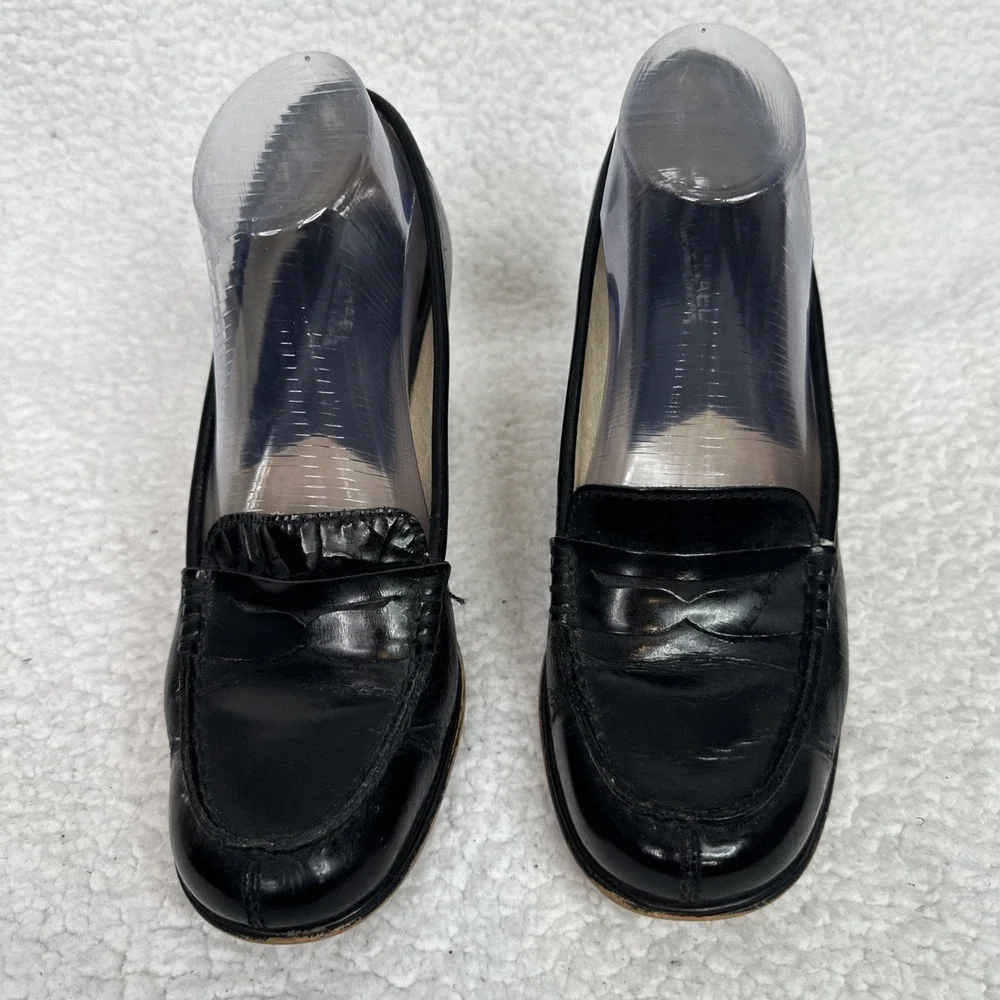 Michael Kors Black Leather Penny Loafer Heels Womens Size 9M Block Heel Pumps
